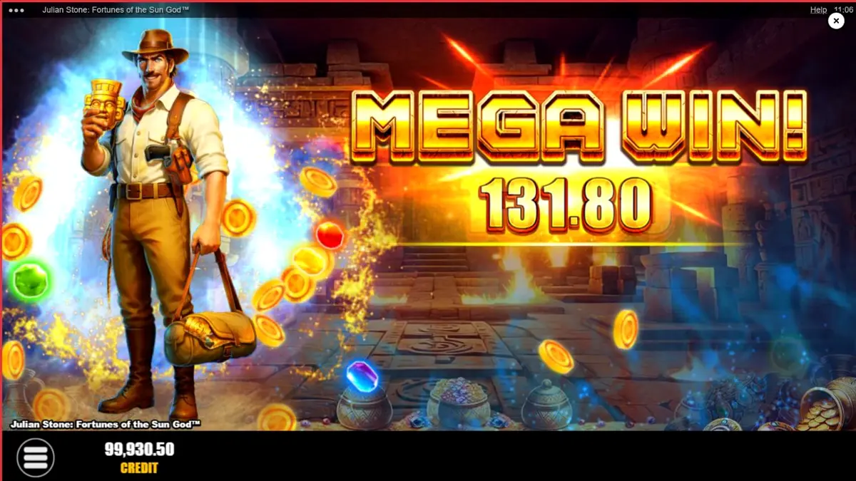 Julian Stone: Fortunes of the Sun God slot game screen featuring the explorer character and jungle ruins