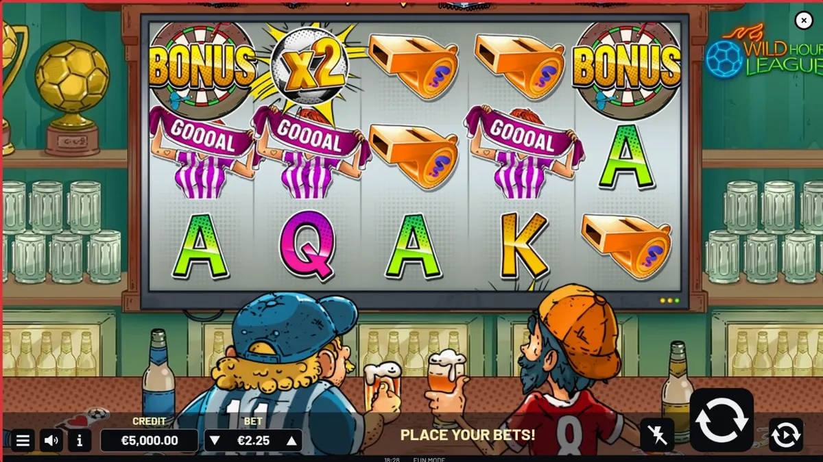 Tampilan visual slot Wild Hour League dengan tema pub sepak bola